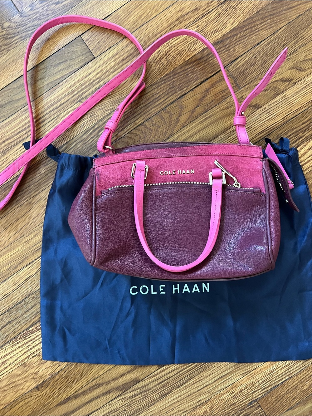 Cole Haan Pink Suede & Burgundy Leather Crossbody Satchel